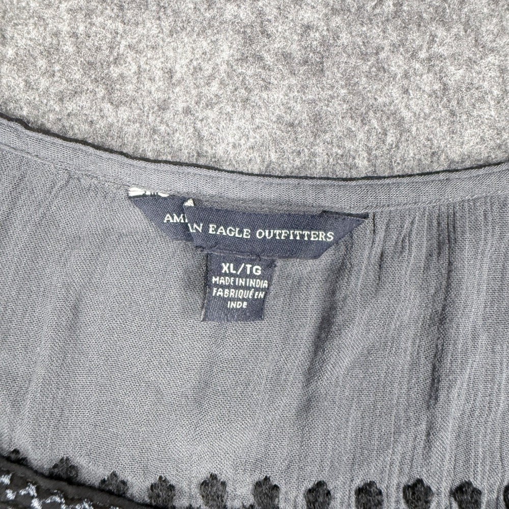 American Eagle Gray Embroidered Peasant Blouse Bell Sleeve Tassel Top XL - Picture 3 of 13